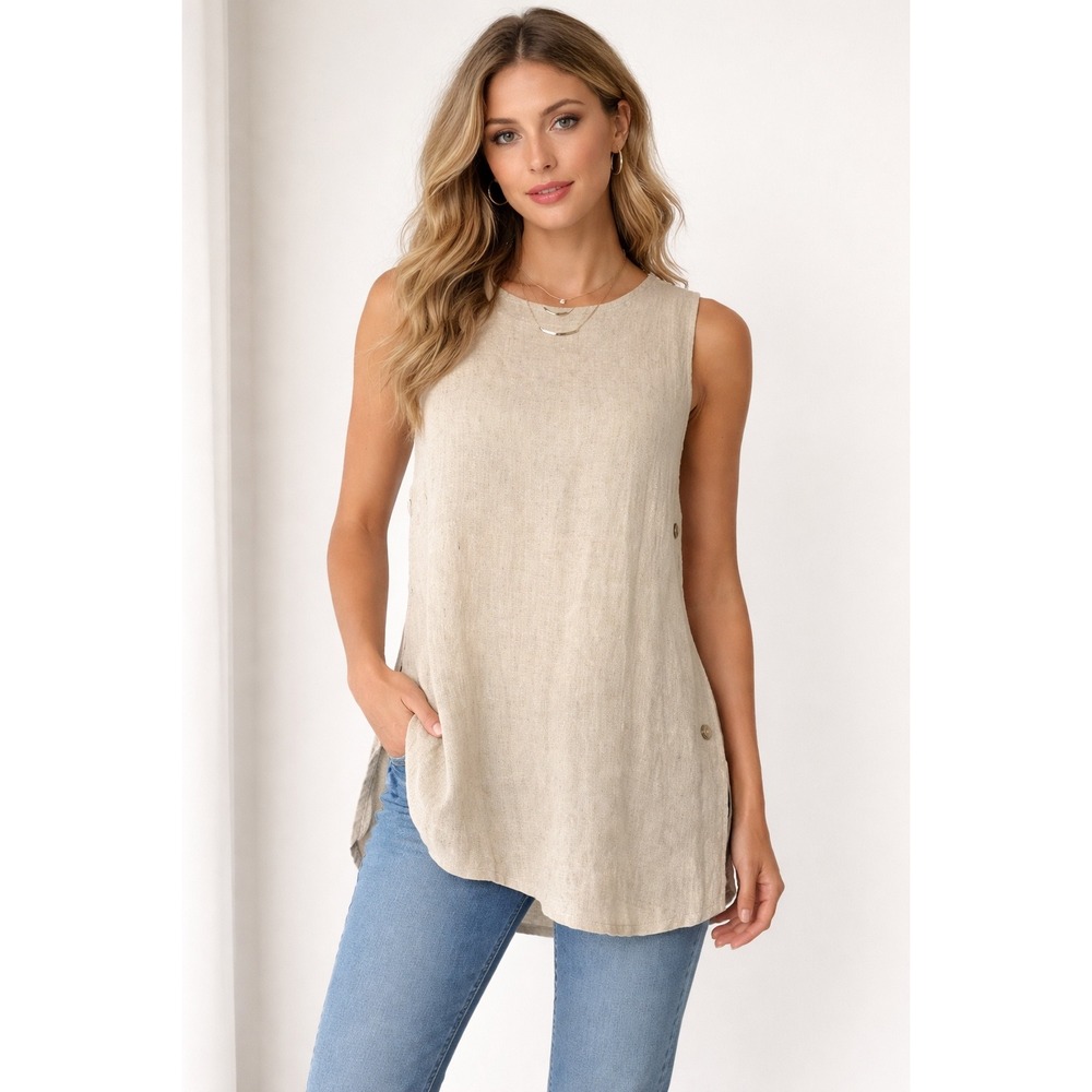 Universal Thread Womens Beige Linen Blend Side Button Sleeveless Tunic Top Small